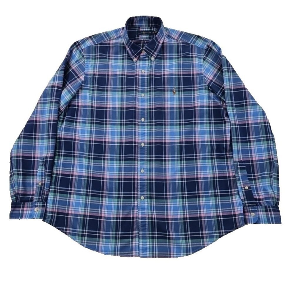 Ralph Lauren Super Soft Button-Up Shirt Men's XXL Blue Plaid EUC Flesh‎ Pony LN